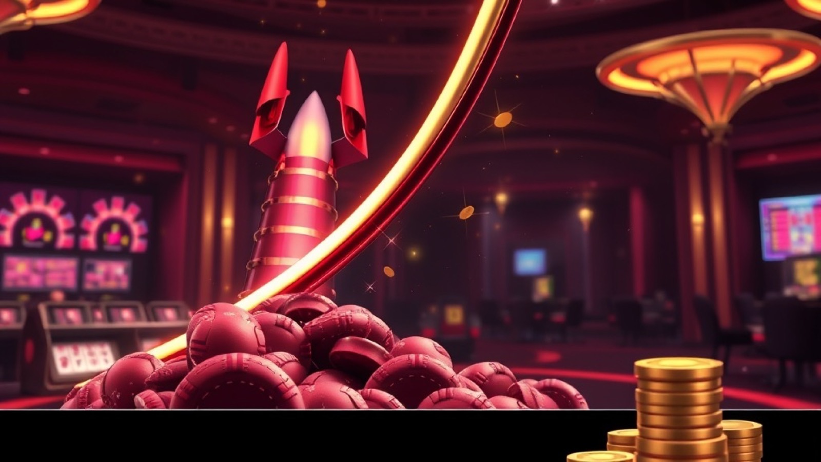 Neta crash game scene with rising multiplier rocket curve over a casino floor