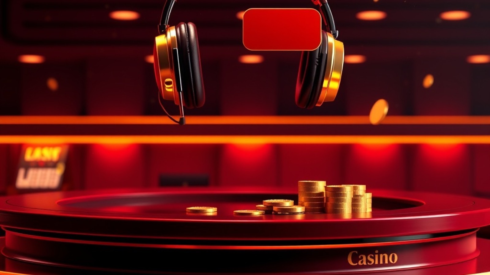 Neta customer service scene with headset and chat bubbles above a casino counter