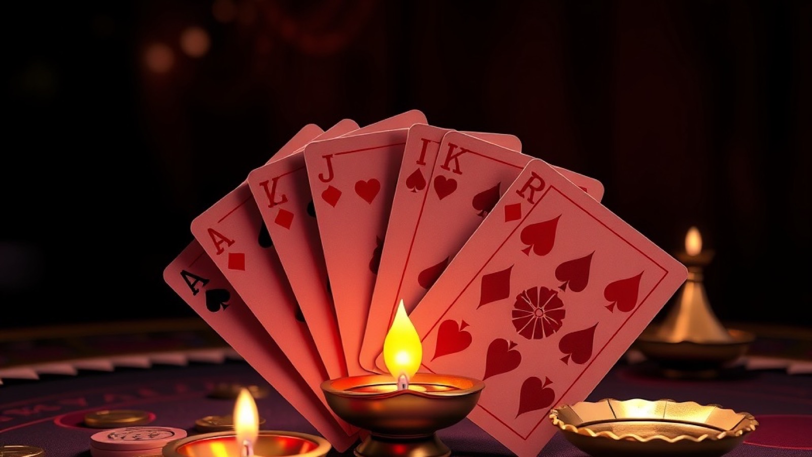 Neta casino floor with rummy and teen patti cards and gold coins