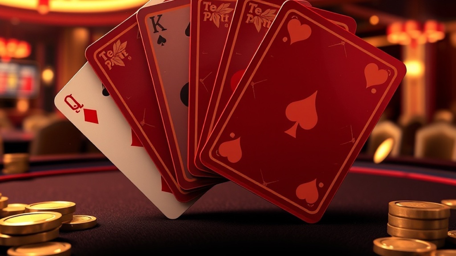 Neta casino floor with fanned playing cards, gold coins and stacked chips